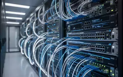 Moderne Netzwerkinfrastruktur mit leuchtenden Glasfaserkabeln und Server-Switches in einem Rechenzentrum. - Foto: über boerse-global.de
