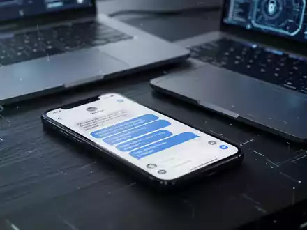 Smartphone mit blauen Nachrichtenblasen auf einem Schreibtisch als Symbol für iMessage-Sicherheitsrisiken. - Foto: über boerse-global.de