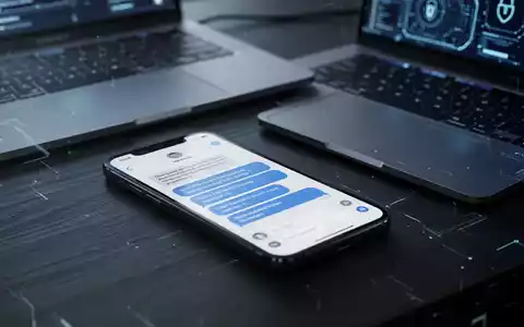 Smartphone mit blauen Nachrichtenblasen auf einem Schreibtisch als Symbol für iMessage-Sicherheitsrisiken. - Foto: über boerse-global.de