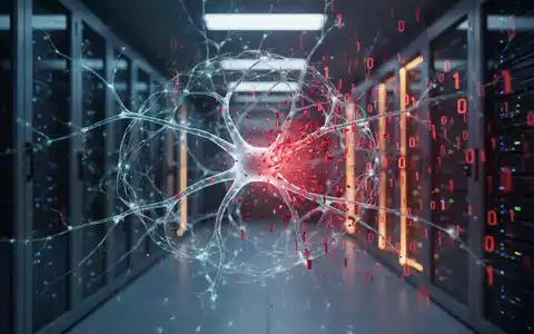 Abstraktes digitales neuronales Netz, das durch rote binäre Codes gehackt wird, in einer technologischen Umgebung. - Foto: über boerse-global.de