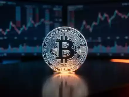 Eine glänzende Bitcoin-Münze auf einer dunklen, reflektierenden Oberfläche vor unscharfen Finanzdiagrammen. - Foto: über boerse-global.de