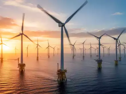 Moderne Windkraftanlagen in einer weitläufigen Landschaft bei Sonnenaufgang - Foto: über boerse-global.de