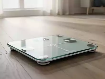 Digitale Körperfettwaage auf einem hellen Holzboden in einem minimalistischen Raum bei Tageslicht. - Foto: über boerse-global.de