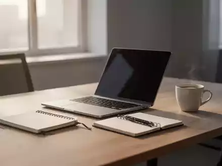 Moderner, minimalistischer Arbeitsplatz mit Laptop und Notizbuch bei hellem Tageslicht, der ein ausgewogenes Arbeitsumfeld symbolisiert. - Foto: über boerse-global.de
