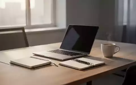 Moderner, minimalistischer Arbeitsplatz mit Laptop und Notizbuch bei hellem Tageslicht, der ein ausgewogenes Arbeitsumfeld symbolisiert. - Foto: über boerse-global.de