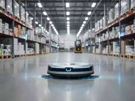 Ein autonomer Reinigungsroboter navigiert durch ein modernes, helles Logistikzentrum oder Einzelhandelsgeschäft. - Foto: über boerse-global.de