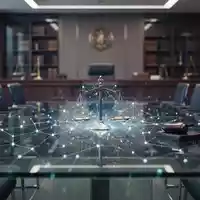 Ein moderner Konferenztisch mit einer digitalen neuronalen Netzwerkgrafik, die einen Rechtsstreit im KI-Bereich symbolisiert. - Foto: über boerse-global.de