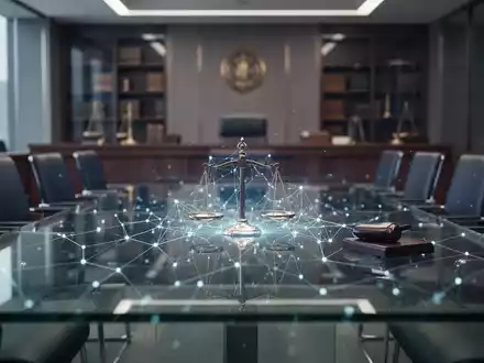 Ein moderner Konferenztisch mit einer digitalen neuronalen Netzwerkgrafik, die einen Rechtsstreit im KI-Bereich symbolisiert. - Foto: über boerse-global.de