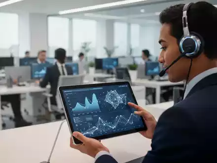 Callcenter-Agent mit Headset und Tablet zur Datenvisualisierung für KI-gestützten Kundenservice. - Foto: über boerse-global.de