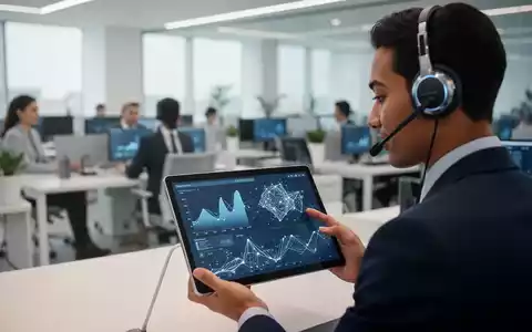 Callcenter-Agent mit Headset und Tablet zur Datenvisualisierung für KI-gestützten Kundenservice. - Foto: über boerse-global.de