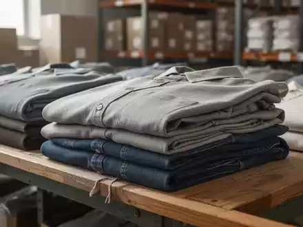 Ordentlich gestapelte Kleidung in einem Lagerhaus als Symbol für nachhaltige Kreislaufwirtschaft und Textilrecycling. - Foto: über boerse-global.de