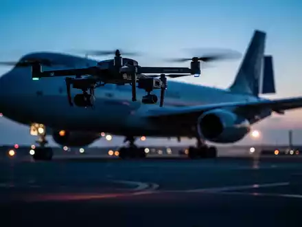 Eine Drohne vor der Silhouette eines Frachtflugzeugs auf einem nächtlichen Flughafen. - Foto: über boerse-global.de