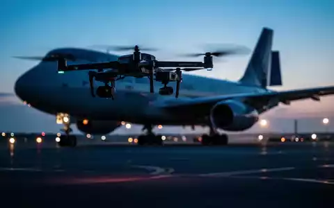Eine Drohne vor der Silhouette eines Frachtflugzeugs auf einem nächtlichen Flughafen. - Foto: über boerse-global.de
