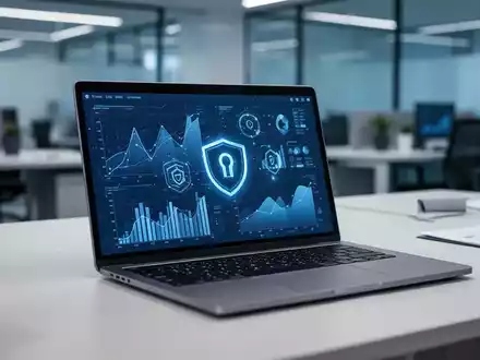 Ein moderner, professioneller Arbeitsplatz mit einem Laptop, der abstrakte Datenvisualisierungen und Sicherheitssymbole anzeigt. - Foto: über boerse-global.de