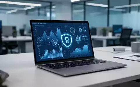 Ein moderner, professioneller Arbeitsplatz mit einem Laptop, der abstrakte Datenvisualisierungen und Sicherheitssymbole anzeigt. - Foto: über boerse-global.de