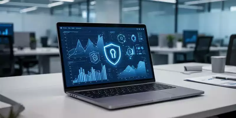 Ein moderner, professioneller Arbeitsplatz mit einem Laptop, der abstrakte Datenvisualisierungen und Sicherheitssymbole anzeigt. - Foto: über boerse-global.de