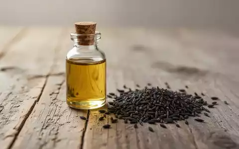 Eine kleine Glasflasche mit goldenem Schwarzkümmelöl neben verstreuten Schwarzkümmelsamen auf einem rustikalen Holztisch. - Foto: über boerse-global.de