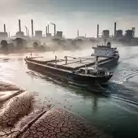 Ein fast ausgetrockneter Rhein mit einem schwer beladenen Binnenschiff vor einer industriellen Chemieanlage. - Foto: über boerse-global.de