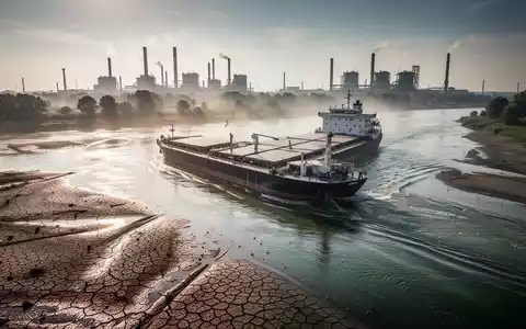 Ein fast ausgetrockneter Rhein mit einem schwer beladenen Binnenschiff vor einer industriellen Chemieanlage. - Foto: über boerse-global.de