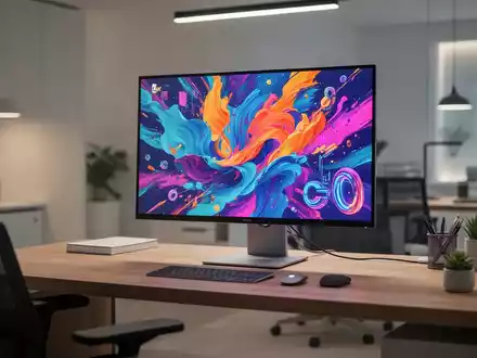 Moderner, aufgeräumter Schreibtisch mit einem hochwertigen 27-Zoll-Monitor für professionelle Bildbearbeitung. - Foto: über boerse-global.de