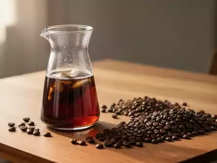 Eine Glaskaraffe mit Cold Brew Kaffee und dunkle Kaffeebohnen auf einem Holztisch in weichem Licht. - Foto: über boerse-global.de
