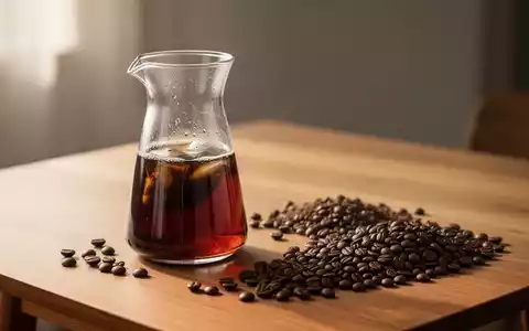 Eine Glaskaraffe mit Cold Brew Kaffee und dunkle Kaffeebohnen auf einem Holztisch in weichem Licht. - Foto: über boerse-global.de