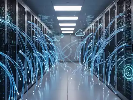 Moderner Serverraum mit blauer Glasfaserbeleuchtung, die Cybersicherheit und Cloud-Infrastruktur-Integration symbolisiert. - Foto: über boerse-global.de