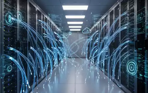 Moderner Serverraum mit blauer Glasfaserbeleuchtung, die Cybersicherheit und Cloud-Infrastruktur-Integration symbolisiert. - Foto: über boerse-global.de