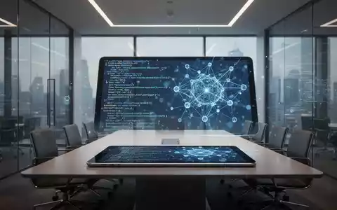 Ein modernes Büro mit einem digitalen Tablet, das abstrakte Code-Strukturen und neuronale Netzwerke zeigt. - Foto: über boerse-global.de