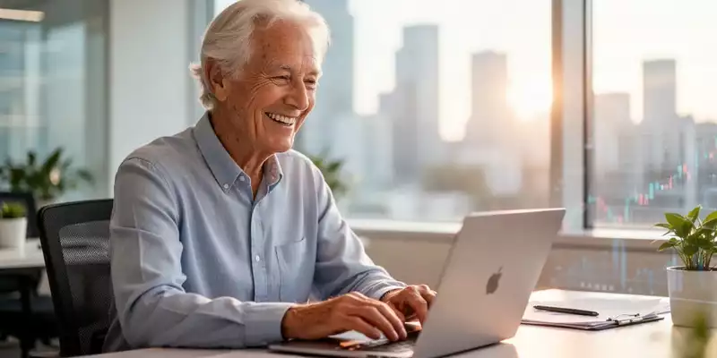 Ein älterer Mensch arbeitet konzentriert und zufrieden an einem Laptop in einem modernen Büro. - Foto: über boerse-global.de
