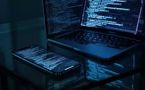 Smartphone und Laptop auf dunklem Schreibtisch mit digitalen Code-Reflexionen, die Cybersicherheits- und Datenschutzlücken darstellen. - Foto: über boerse-global.de