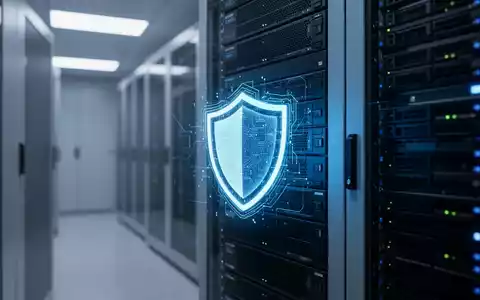 Ein leuchtendes digitales Schutzschild-Symbol in einem modernen Serverraum, das IT-Sicherheit und digitale Infrastruktur symbolisiert. - Foto: über boerse-global.de
