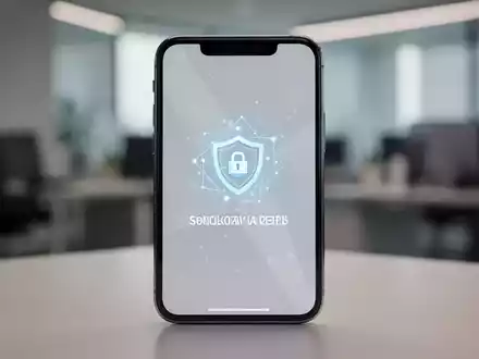 Ein Smartphone-Display mit einem abstrakten Sicherheitssymbol vor einem verschwommenen Büro-Hintergrund. - Foto: über boerse-global.de