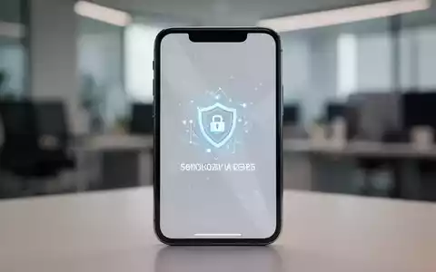 Ein Smartphone-Display mit einem abstrakten Sicherheitssymbol vor einem verschwommenen Büro-Hintergrund. - Foto: über boerse-global.de