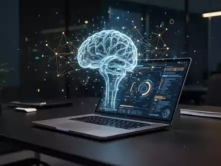 Ein modernes Büro-Setup mit einer leuchtenden, holografischen Darstellung eines neuronalen Netzwerks über einem Laptop. - Foto: über boerse-global.de