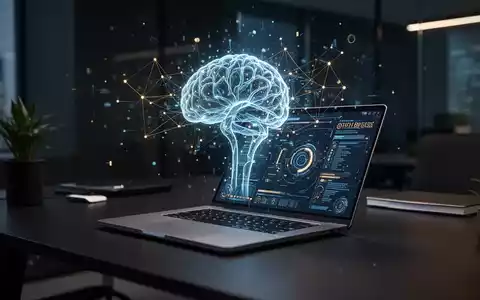 Ein modernes Büro-Setup mit einer leuchtenden, holografischen Darstellung eines neuronalen Netzwerks über einem Laptop. - Foto: über boerse-global.de