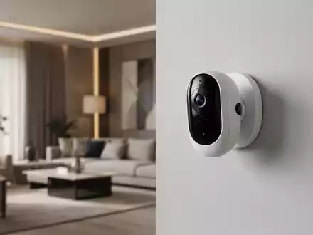 Eine minimalistische, moderne Sicherheitskamera an einer hellen Wand in einem stilvoll eingerichteten Wohnraum. - Foto: über boerse-global.de
