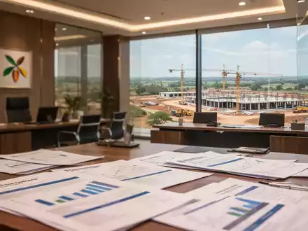 Modernes Bankbüro mit Blick auf ein Entwicklungsprojekt, das den Umsiedlungsprozess von EcoGraf in Epanko symbolisiert. - Foto: über boerse-global.de