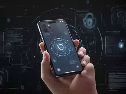 Ein Smartphone in der Hand eines jungen Erwachsenen vor einem digitalen Hintergrund, der Cybersicherheit symbolisiert. - Foto: über boerse-global.de