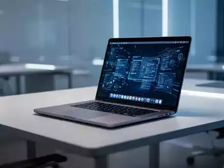 Moderner Büroarbeitsplatz mit einem Laptop auf einem minimalistischen Schreibtisch, der technologische Hardware symbolisiert. - Foto: über boerse-global.de