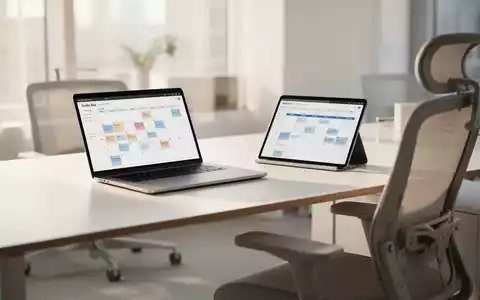 Moderner, heller Büroarbeitsplatz mit Laptop und digitalem Wochenplaner auf einem Schreibtisch. - Foto: über boerse-global.de
