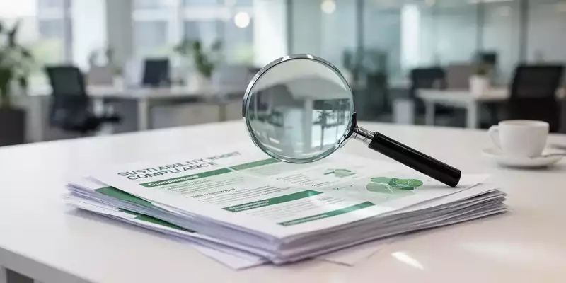 Eine Lupe liegt auf Dokumenten zur Nachhaltigkeitsberichterstattung auf einem modernen Schreibtisch. - Foto: über boerse-global.de