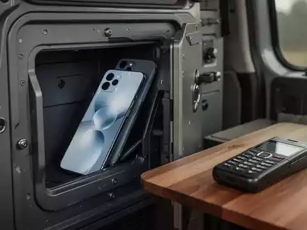 Ein altes Smartphone liegt als Köder auf einem Tisch in einem Wohnmobil, während ein hochwertiges Gerät sicher verborgen ist. - Foto: über boerse-global.de