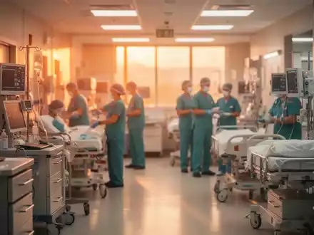 Medizinisches Personal in einer modernen Notaufnahme während einer Hitzewelle mit warmem, einfallendem Sonnenlicht. - Foto: über boerse-global.de