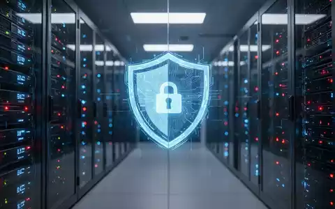 Leuchtendes digitales Schildsymbol in einem High-Tech-Serverraum, das Cybersicherheitsschutz darstellt. - Foto: über boerse-global.de