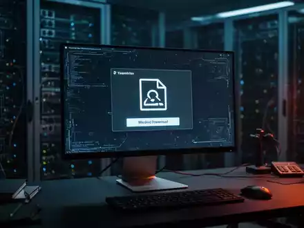Ein Computermonitor zeigt eine Warnung vor einem verdächtigen Dateidownload in einem dunklen, professionellen Büro. - Foto: über boerse-global.de