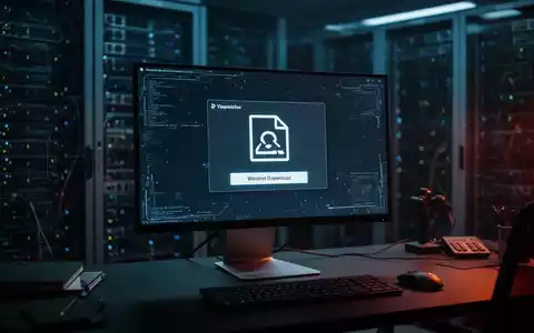 Ein Computermonitor zeigt eine Warnung vor einem verdächtigen Dateidownload in einem dunklen, professionellen Büro. - Foto: über boerse-global.de