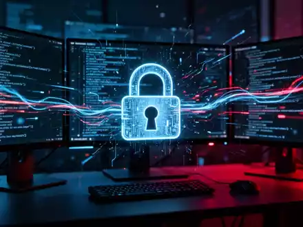 Abstrakte Darstellung von Cybersicherheit mit leuchtenden Datencodes und digitalen Netzwerken auf einem Monitor. - Foto: über boerse-global.de