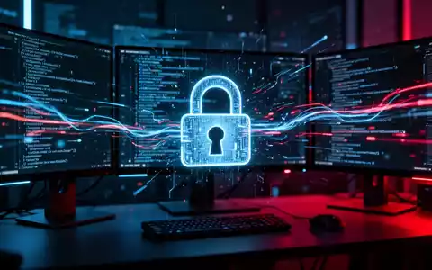 Abstrakte Darstellung von Cybersicherheit mit leuchtenden Datencodes und digitalen Netzwerken auf einem Monitor. - Foto: über boerse-global.de