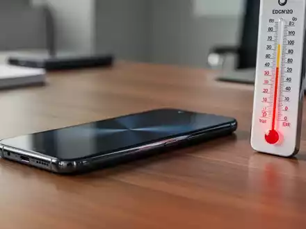 Ein modernes Smartphone liegt neben einem Thermometer auf einem Schreibtisch, um das Thema Überhitzung zu verdeutlichen. - Foto: über boerse-global.de